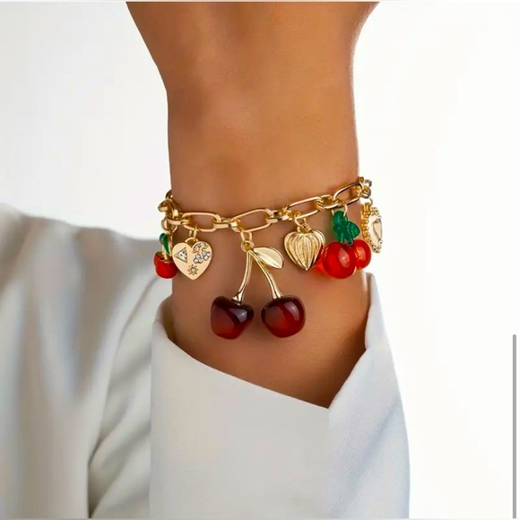Gold-Tone Cherry Charm Bracelet with Hearts & Rhinestones - NWT! Fits Most! 🍒 - Picture 1 of 4